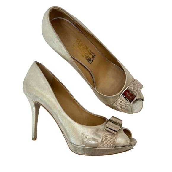 Salvatore Ferragamo Metallic Gold Nubuck Leather Vara Bow Peep-Toe Pumps | 10B - Picture 1 of 15